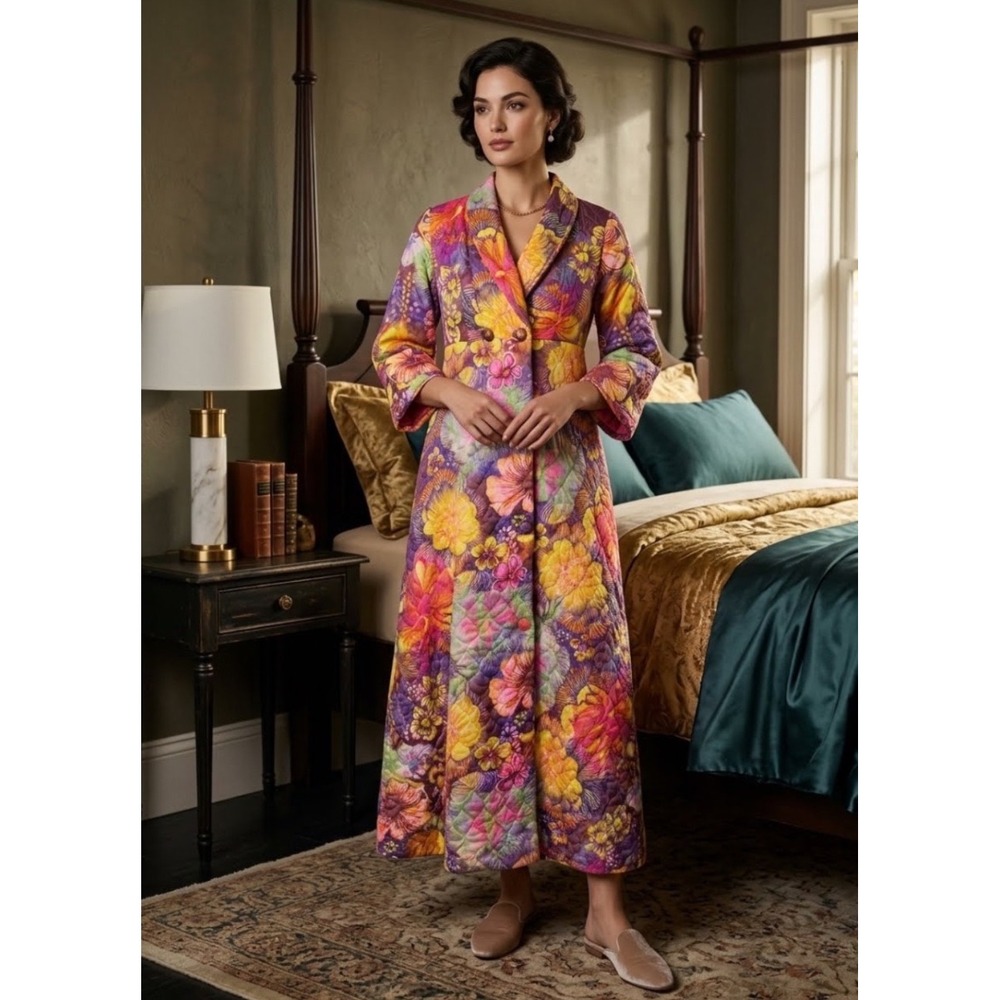 Vintage Vanity Fair Quilted Robe Psychedelic Floral Hostess Gown Pink Orange 10